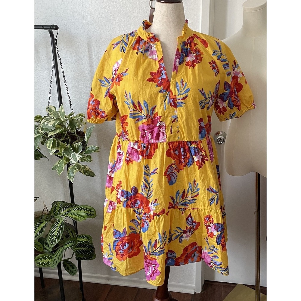 MSK Womens L Yellow Floral Tiered Dress Puff Sleeve Garden Floral Cottagecore